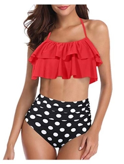 Women Two Piece Swimsuits High Waisted Bikini Ruffle Flounce Halter Bathing Suit