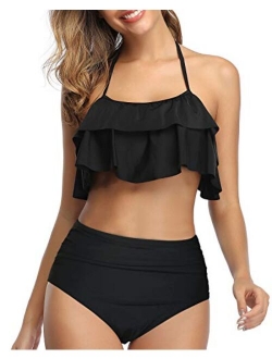 Women Two Piece Swimsuits High Waisted Bikini Ruffle Flounce Halter Bathing Suit