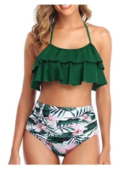 Women Two Piece Swimsuits High Waisted Bikini Ruffle Flounce Halter Bathing Suit