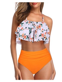 Women Two Piece Swimsuits High Waisted Bikini Ruffle Flounce Halter Bathing Suit