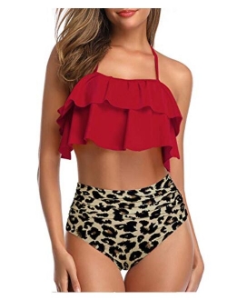 Women Two Piece Swimsuits High Waisted Bikini Ruffle Flounce Halter Bathing Suit