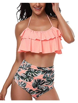 Women Two Piece Swimsuits High Waisted Bikini Ruffle Flounce Halter Bathing Suit