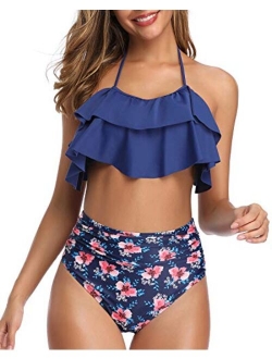 Women Two Piece Swimsuits High Waisted Bikini Ruffle Flounce Halter Bathing Suit