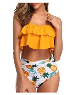 Women Two Piece Swimsuits High Waisted Bikini Ruffle Flounce Halter Bathing Suit