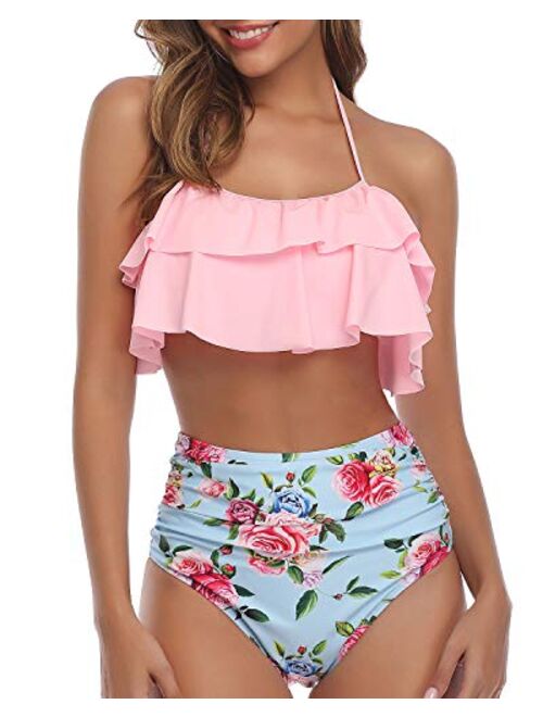 Tempt Me Women Two Piece Swimsuits High Waisted Bikini Ruffle Flounce Halter Bathing Suit