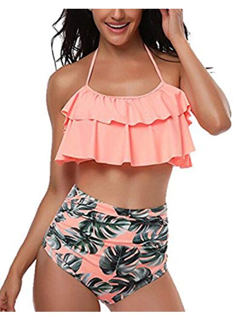 Tempt Me Women Two Piece Swimsuits High Waisted Bikini Ruffle Flounce Halter Bathing Suit