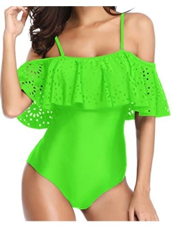 Women One Piece Off Shoulder Lace Swimsuits Ruffle Flounce Hollow Bathing Suits