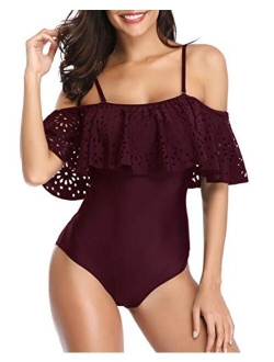 Women One Piece Off Shoulder Lace Swimsuits Ruffle Flounce Hollow Bathing Suits