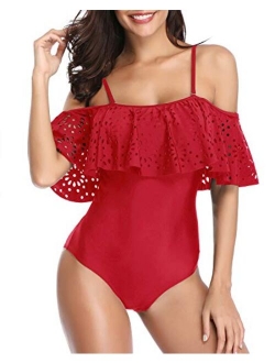 Women One Piece Off Shoulder Lace Swimsuits Ruffle Flounce Hollow Bathing Suits