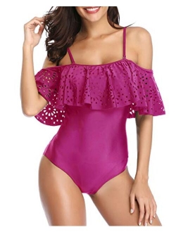 Women One Piece Off Shoulder Lace Swimsuits Ruffle Flounce Hollow Bathing Suits