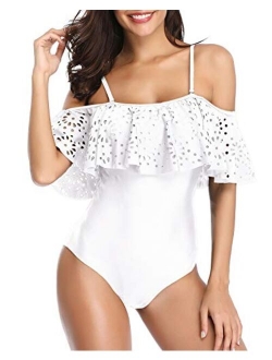 Women One Piece Off Shoulder Lace Swimsuits Ruffle Flounce Hollow Bathing Suits