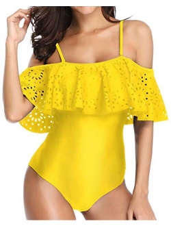 Women One Piece Off Shoulder Lace Swimsuits Ruffle Flounce Hollow Bathing Suits