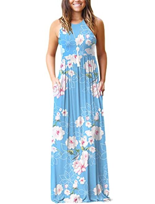 GRECERELLE Women's Floral Print Casual Sleeveless Racerback Dress Long Maxi Dresses with Pockets