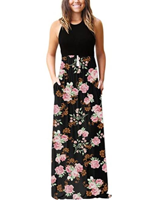 GRECERELLE Women's Floral Print Casual Sleeveless Racerback Dress Long Maxi Dresses with Pockets