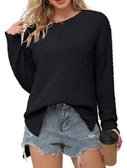 Women's Fuzzy Knitted Sweater Crew-Neck Long Sleeve Side Split Loose Casual Knit Pullover Sweater Blouse