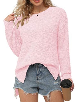 Women's Fuzzy Knitted Sweater Crew-Neck Long Sleeve Side Split Loose Casual Knit Pullover Sweater Blouse