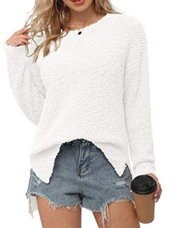 Women's Fuzzy Knitted Sweater Crew-Neck Long Sleeve Side Split Loose Casual Knit Pullover Sweater Blouse