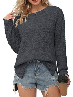 Women's Fuzzy Knitted Sweater Crew-Neck Long Sleeve Side Split Loose Casual Knit Pullover Sweater Blouse