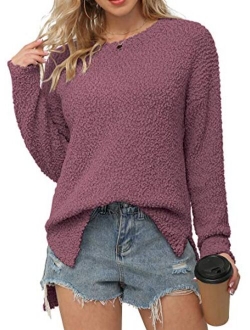 Women's Fuzzy Knitted Sweater Crew-Neck Long Sleeve Side Split Loose Casual Knit Pullover Sweater Blouse