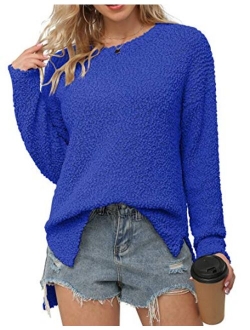 Women's Fuzzy Knitted Sweater Crew-Neck Long Sleeve Side Split Loose Casual Knit Pullover Sweater Blouse