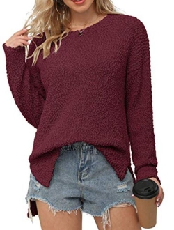 Women's Fuzzy Knitted Sweater Crew-Neck Long Sleeve Side Split Loose Casual Knit Pullover Sweater Blouse