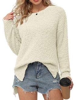 Women's Fuzzy Knitted Sweater Crew-Neck Long Sleeve Side Split Loose Casual Knit Pullover Sweater Blouse