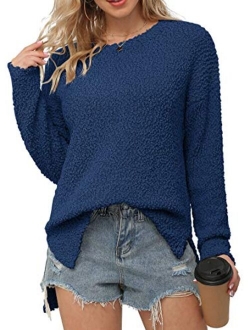 Women's Fuzzy Knitted Sweater Crew-Neck Long Sleeve Side Split Loose Casual Knit Pullover Sweater Blouse