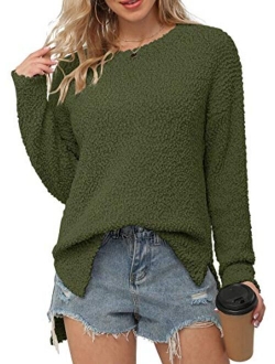 Women's Fuzzy Knitted Sweater Crew-Neck Long Sleeve Side Split Loose Casual Knit Pullover Sweater Blouse