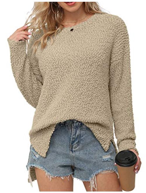 GRECERELLE Women's Fuzzy Knitted Sweater Crew-Neck Long Sleeve Side Split Loose Casual Knit Pullover Sweater Blouse