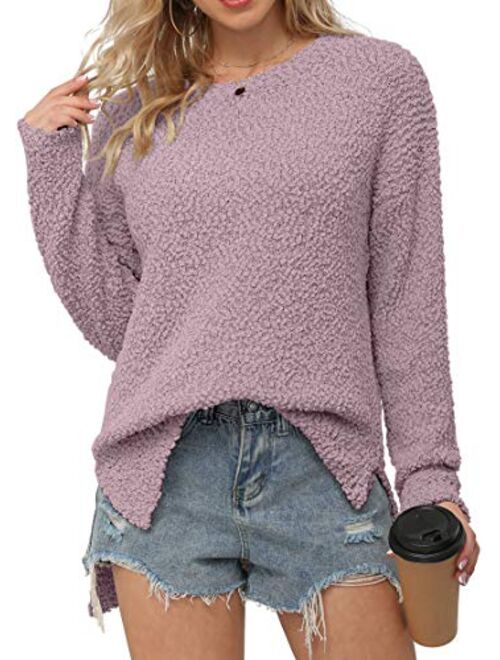 GRECERELLE Women's Fuzzy Knitted Sweater Crew-Neck Long Sleeve Side Split Loose Casual Knit Pullover Sweater Blouse