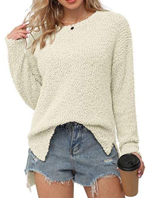 GRECERELLE Women's Fuzzy Knitted Sweater Crew-Neck Long Sleeve Side Split Loose Casual Knit Pullover Sweater Blouse