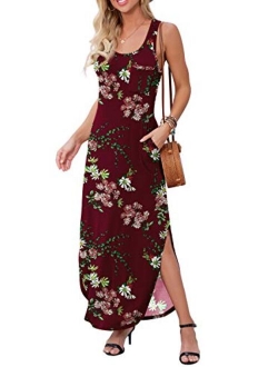 Women's Casual Fit Long Dress Sleeveless Racerback Split Fashion Summer Maxi Dresses with Pocket