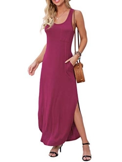 Women's Casual Fit Long Dress Sleeveless Racerback Split Fashion Summer Maxi Dresses with Pocket