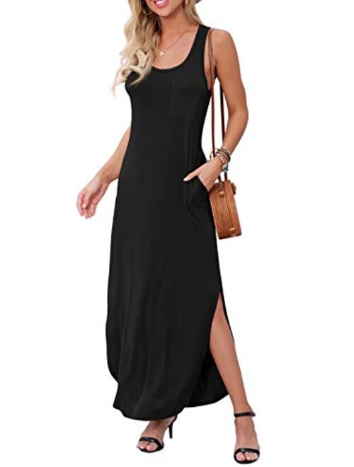 GRECERELLE Women's Casual Fit Long Dress Sleeveless Racerback Split Fashion Summer Maxi Dresses with Pocket