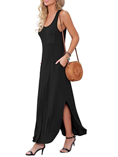 GRECERELLE Women's Casual Fit Long Dress Sleeveless Racerback Split Fashion Summer Maxi Dresses with Pocket