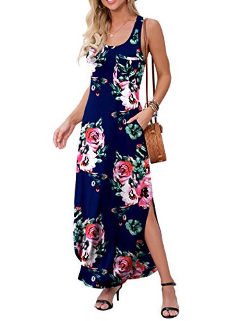 GRECERELLE Women's Casual Fit Long Dress Sleeveless Racerback Split Fashion Summer Maxi Dresses with Pocket