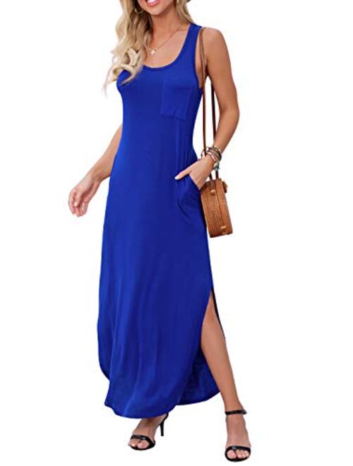 GRECERELLE Women's Casual Fit Long Dress Sleeveless Racerback Split Fashion Summer Maxi Dresses with Pocket