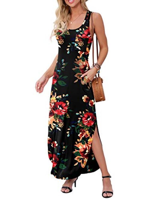 GRECERELLE Women's Casual Fit Long Dress Sleeveless Racerback Split Fashion Summer Maxi Dresses with Pocket