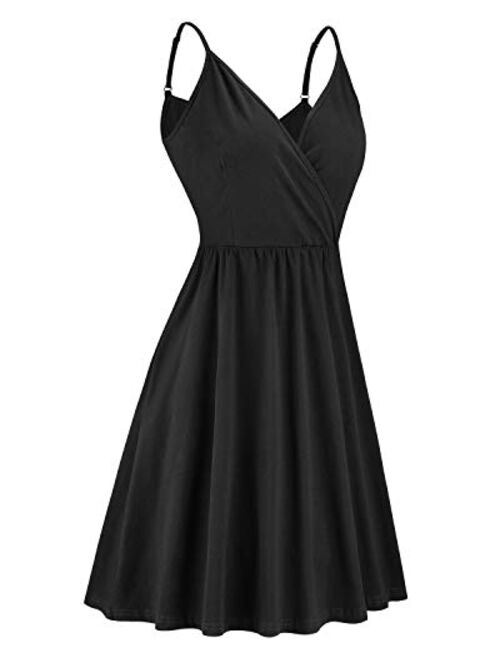 VOTEPRETTY Women's V-Neck Spaghetti Strap Dress Summer Casual Swing Sundress with Pockets