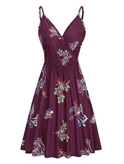 VOTEPRETTY Women's V-Neck Spaghetti Strap Dress Summer Casual Swing Sundress with Pockets