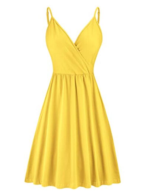 VOTEPRETTY Women's V-Neck Spaghetti Strap Dress Summer Casual Swing Sundress with Pockets