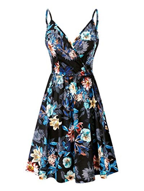 VOTEPRETTY Women's V-Neck Spaghetti Strap Dress Summer Casual Swing Sundress with Pockets