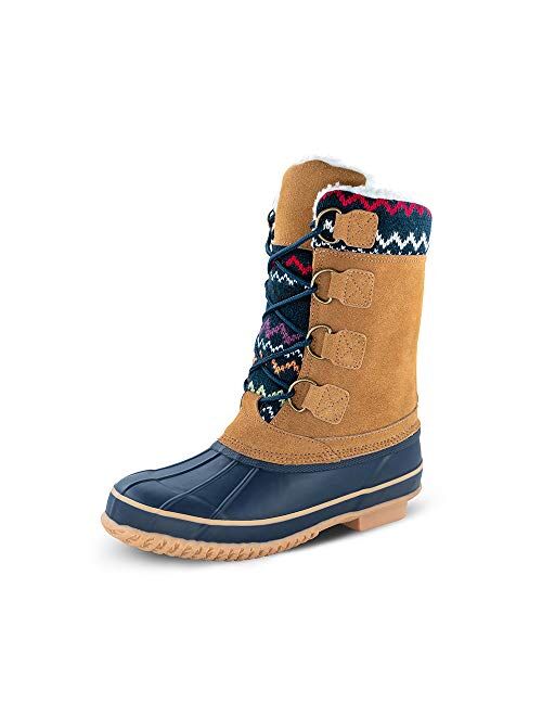 TF STAR Women's Cow Suede Leather Lace Up Winter Outdoor Snow Duck Boots,Warm Waterproof Mid Calf Duck Boots for Women