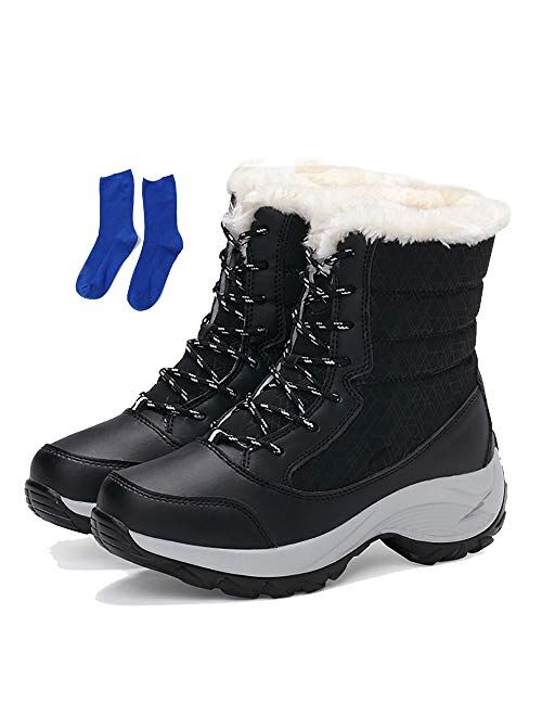 KISSOURBABY Women's Fur Lining Winter Boots Outdoor Waterproof Snow Boots