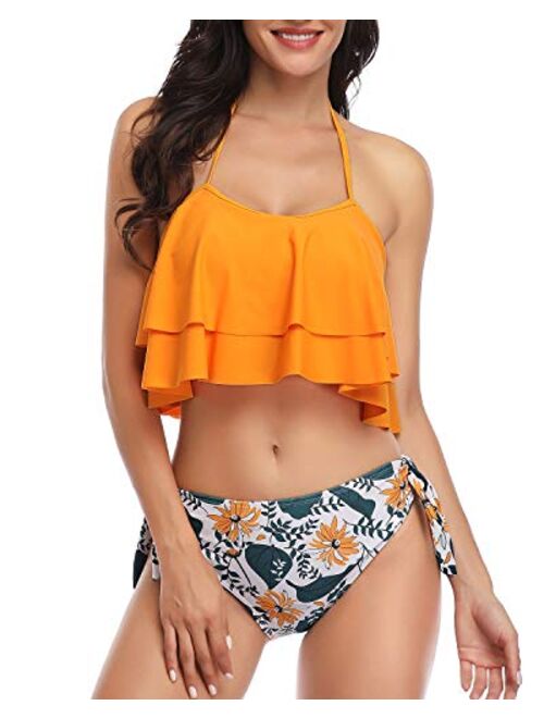 Aqua Eve Women Halter Flounce Bikini Ruffle Swimsuits Two Piece Bathing Suits