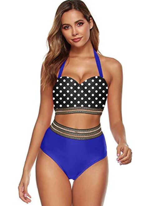 WODECASA Women's Halter Push Up Padded Bikini Vintage Polka Dot High Waisted Swimsuit