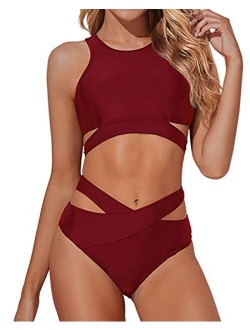 Women High Neck Bikini Set Cutout Swimsuit Two Piece Criss Cross Bandage Bathing Suit