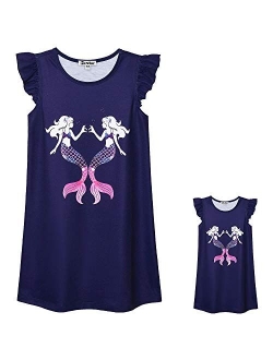 Matching Girls & Dolls Nightgowns Unicorn Clothes Flutter Sleeve Night Dress