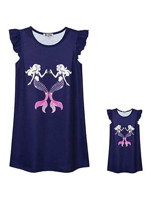 Jxstar Matching Girls & Dolls Nightgowns Unicorn Clothes Flutter Sleeve Night Dress