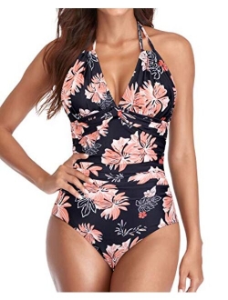 Halter One Piece Swimsuit for Women Ruched Tummy Control Bathing Suit Deep V Neck Swimwear